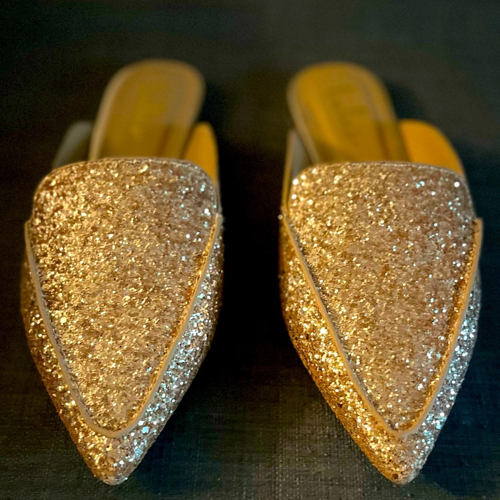 LULU·S Gold Glitter Sparkly Mules | Statement Shoes | Size 10 | Brand New